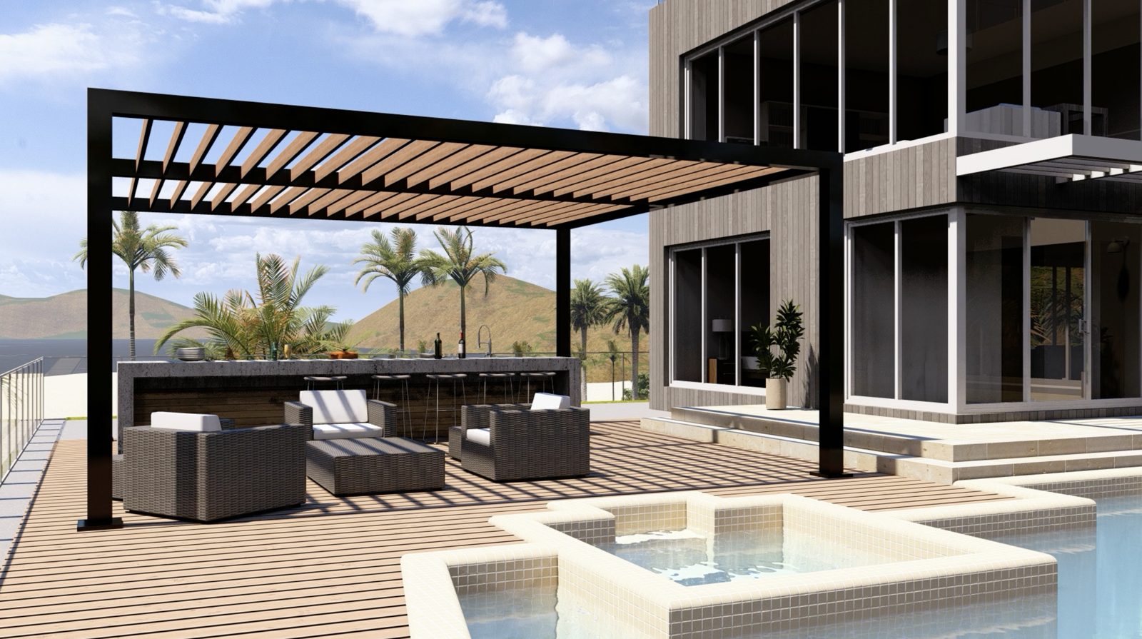 Black R-BREEZE fixed louvered pergola with wood grain slats