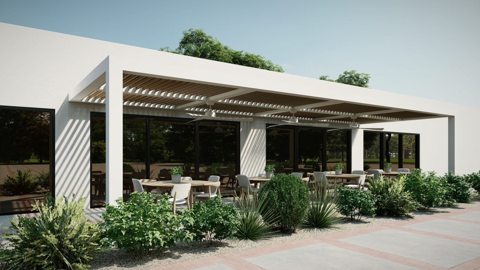 White R-BREEZE pergola with wood grain fixed louvers